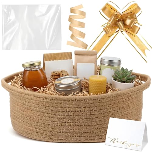 Image of Colingmill Woven Basket with Gift Bags and 2 Ribbons, Raffia Grass Paper Shred Filler, Gift Card, Empty Small Rope Basket for Storage Presents Toy Organizer(Khaki,12 * 8 Inch)