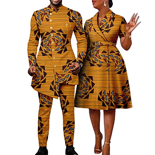 African Clothes for Couples Men Single Breasted Fit Jackets Matching Bazin Riche Dashiki Print Dresses Trench Coats