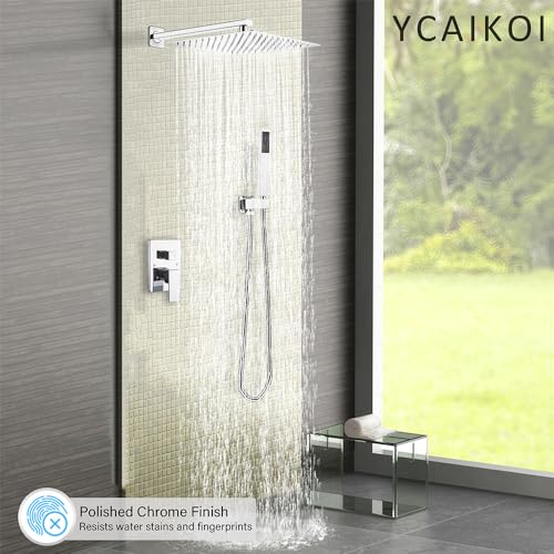 Image of Shower Faucet Set Complete, Wall Mount Shower System for Bathroom 12 Inch High-Pressure Rainfall Shower with Handheld, Rough-in Valve Body and Trim Kit, Polished Chrome