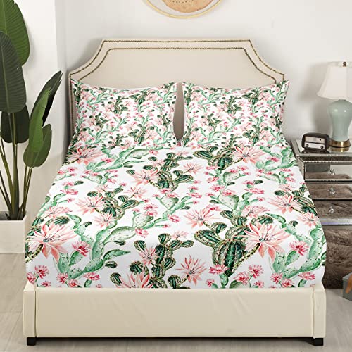 Spefrowx Pink Blossoms Bed Sheets Green Cactus Twin Size Sheet Sets Flower Cacti Sheets Tropical Desert Plants Flat Sheet Watercolor Hand Painted Dorm Bedroom Decorations With 1 Pillowcase #TOP2