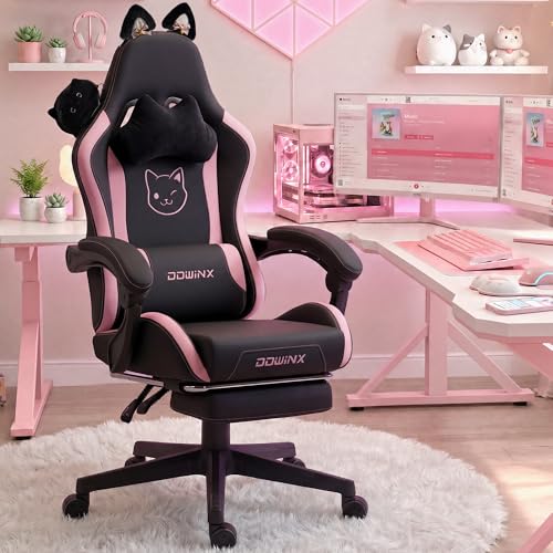 Dowinx Pink Gaming Chair with Cat Ears and Massage Lumbar Support, Ergonomic Computer Chair with...