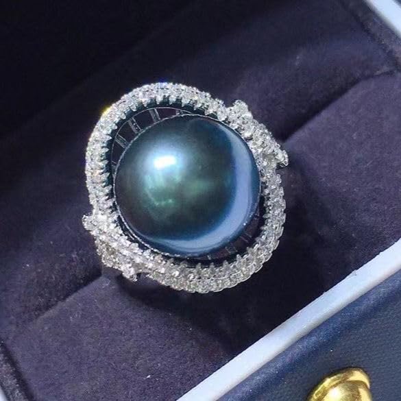925 Sterling Silver Cut AA Quality Freshwater Pearl Ring 18k Diamond Ring Black Pearl Lady Ring Wedding Ring - Image 6