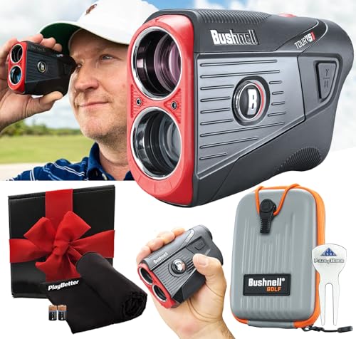 Bushnell Tour V5 Shift (Slope) Golf Laser Rangefinder Patriot Pack Gift Box Bundle with Pitchfix Tool, Case, Microfiber Towel, Two Batteries | Gift Box, Red Bow | 201911P