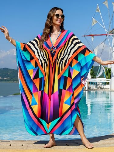 Image of IMAGEKOPE Women's Plus Size Animal Print V-Neck Batwing Kaftan Beach Dress Bathing Suit Cover-Up Loungewear