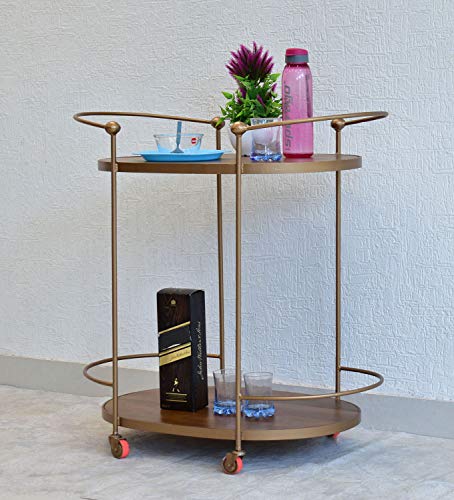 SamDecors Solid Wood Gail Multipurpose Bar Trolley with Wheels with Two Shelves in Natural Brown Finish and Iron Frame in Golden Finish SamDecors Solid Wood Gail Multipurpose Bar Trolley with Wheels with Two Shelves in Natural Brown Finish and Iron Frame in Golden Finish