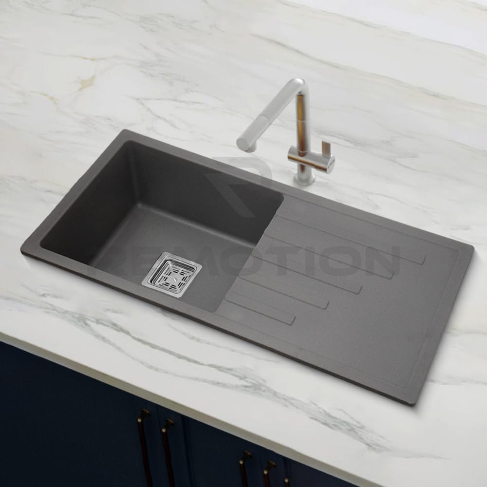 REMOTION Granite Quartz Single Bowl Kitchen Sink With Drain Board | Flushmount/Undermount/Top Mounted Kitchen Sink | Sink For Kitchen (36 x 18 x 9 Inch) (Grey)-image-34