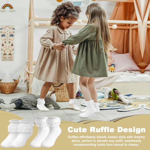 HJJMN 6 Paare Atmungsaktive Mädchen Rüschen Socken, Bequeme Kinder Weiße Knöchel Spitzensöckchen, Prinzessinnen Spitze Rüschen Baumwollsocken, Schulsocken mit Rüschenbesatz für Ballett 4-6 Jahre