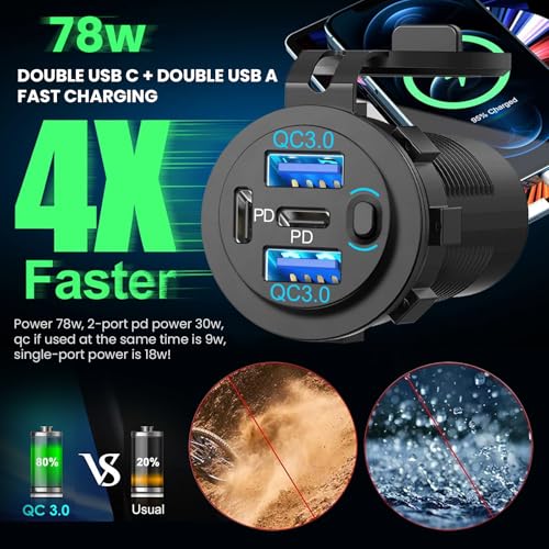 12V USB Charger with 4 Ports, Quick Charge 3.0 Ports 12V USB Outlet with Switch for Marine, Boat, Motorcycle, RV, Golf Cart (Pack of one)