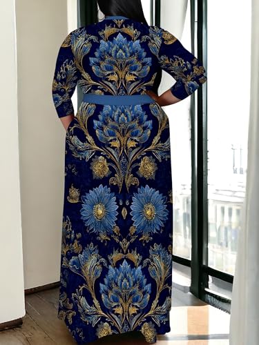 Image of SUZONANA Plus Size Maxi Dresses for Curcy Women Casual Loose 3 /4 Sleeve Long Dress with Belt