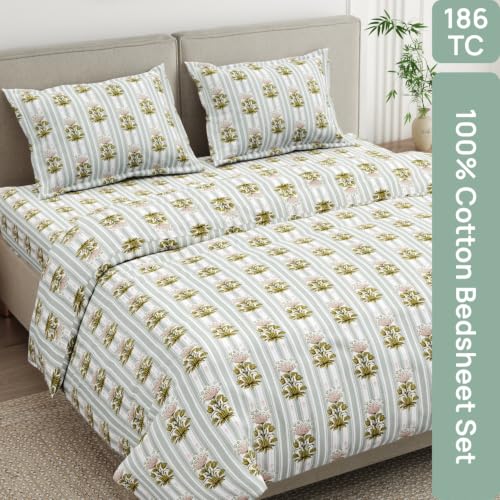 Image of Haus & Kinder Double Bed Bedsheet for Queen Size Bed, Queen Size Bed Sheet with 2 Pillow Covers 90 Inch x 100 Inch | Premium Soft & Silky Pure Cotton 186 TC Double Bedsheet | Heritage Garden