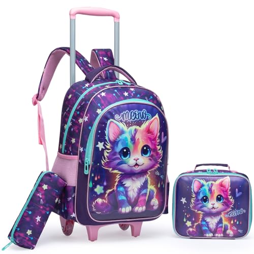 Egchescebo Sac a Dos Enfant à Cartable Cabine Roulette Fille Primaire 17' Valise École Maternelle Sacs D'école pour Voyage de Bagages 3PCS Ensemble Grand Cartable Étudiant Simple Chat Violet
