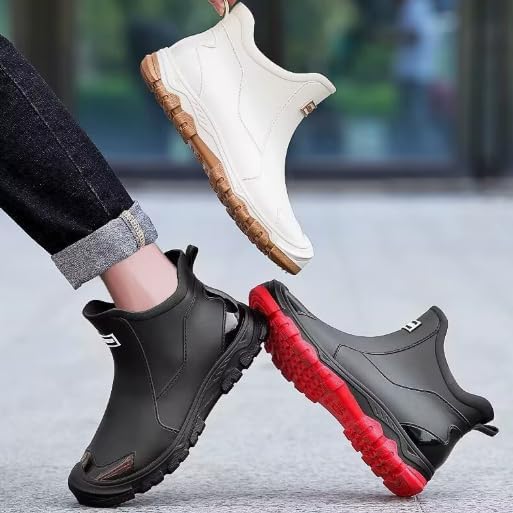 Men's Deck Boots, Waterproof Ankle Rain Boots Men Anti-Slip Traction, Outdoor Rubber Fishing Garden Boots for Gardening Fishing Boating Camping Sailing