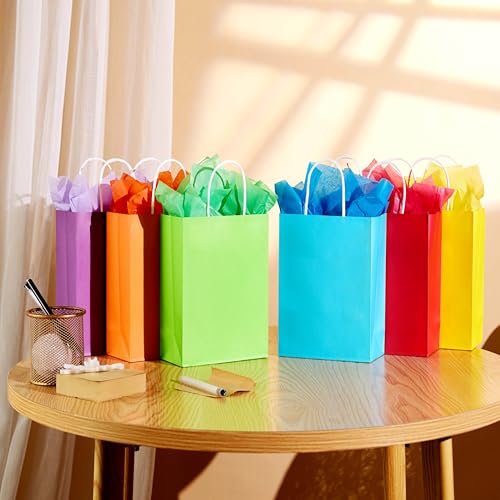 SUNCOLOR Rainbow Gift Bags with Tissue Paper, 24 Pack Small Paper Party Bags, 7.9 x 5.12 x 3.15 Inches, 6 Colors with Handles for Birthday Celebrations, Kids Parties - Thumbnail 4