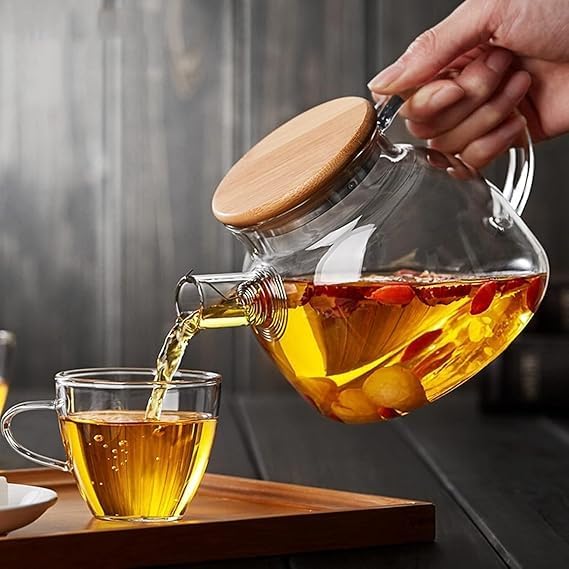 Image of Glass Teapot with Bamboo Lid Stovetop & Microwave Safe Kettle, Borosilicate Teapot with Removable Filter Spout for Loose Leaf and Blooming Tea and Fruit Tea 1000ml (Wooden Lid Kettle)