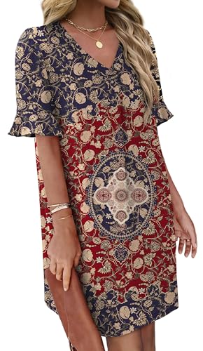 Image of OFEEFAN Summer Dresses for Women Ruffle Short Sleeve V Neck Casual Shift Dress with Pockets