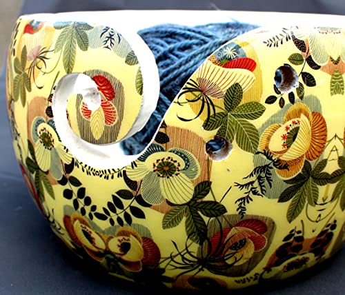 Image of Multi Purpose Wooden Yarn Bowl - Yarn Holder Rosewood - Knitting Bowl Handmade Wooden Yarn Bowl for Knitting and Crochet | Large Knitting Bowl Mother's Day Gift (Yellow Design)