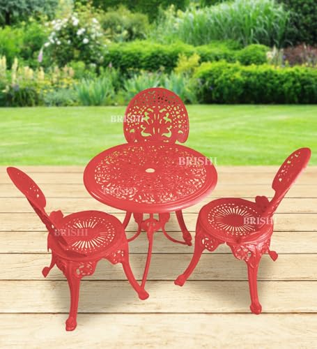 Image of BRISHI Cast Aluminium Garden Patio Seating Chair and Table Set for Balcony Outdoor Furniture with 1 Table and 3 Chair Set (Red)