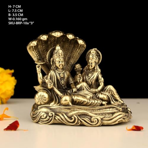 Image of INDICAST 3 inch Brass Lord Vishnu Laxmi Idol on Sheshnag | Hindu God Statue for Home Temple Pooja Room & Spiritual Dcor (Weight- 160gm)