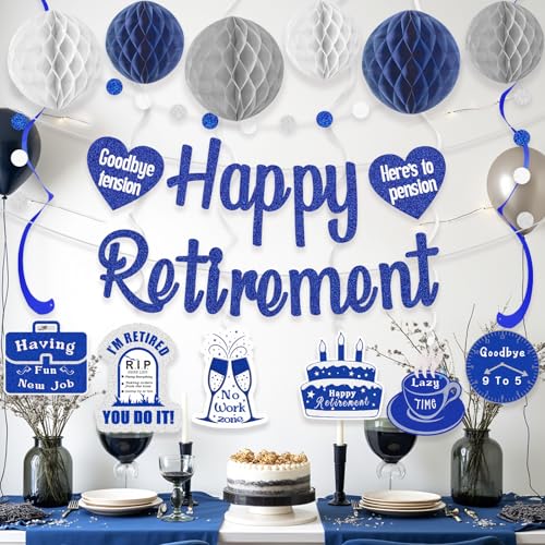 Image of Navy Blue Retirement Party Decorations, Pre-Strung Happy Retirements Banner with Honeycomb Balls, Hanging Swirls, Circle Dots Garland for Happy Retirement Decorations 21pcs