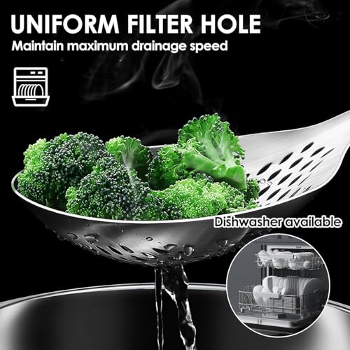 Image of 2 pcs 40 cm Stainless Steel Skimmer Spoon | 316 Grade Deep Fry Strainer with Wooden Handle | Heat Resistant Slotted Ladle for Frying, Cooking & Oil Draining