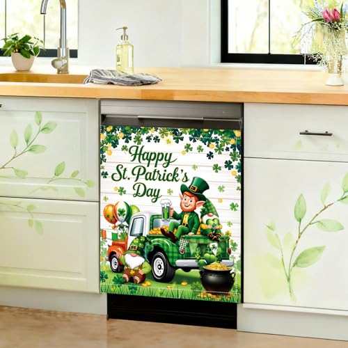 Image of St Patricks Day Dishwasher Magnet Cover Lucky Shamrocks Clover Dishwasher Magnetic Covers for Kitchen 23x26 in St Patrick's Home Decor Refrigerator Magnets Sticker Green Fridge Panel