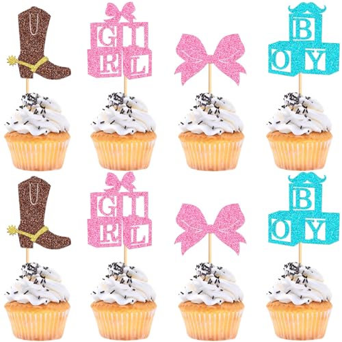 24Pcs Boy or Girl Cupcake Toppers Boot Bow Gender Reveal Cupcake Picks for Cowboy Cowgirl Theme Gender Reveal Pink or Blue Baby Shower New Born Baby Birthday Party Decorations