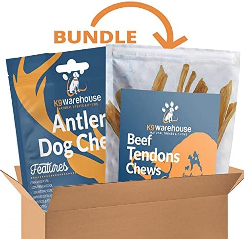 Bundle – Whole Medium Elk Antler for Dogs (5-7”) and Meaty Beef Tendon Chews (12-Pack, 7-9”) – All Natural, Long Lasting, Digestible Dog Treats for Small, Medium and Large Aggressive Chewers