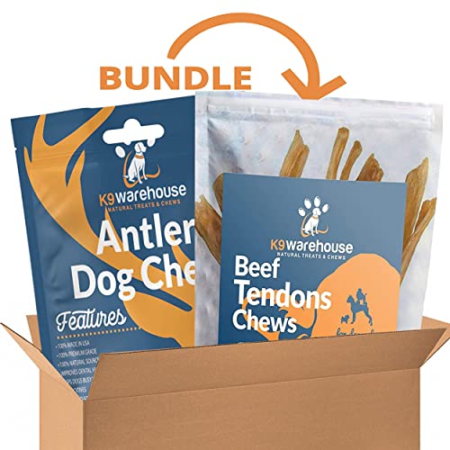 Bundle – Whole Medium Elk Antler For Dogs (5-7”) And Meaty Beef Tendon Chews (12-Pack, 7-9”) – All Natural, Long Lasting, Digestible Dog Treats For Small, Medium And Large Aggressive Chewers #TOP28