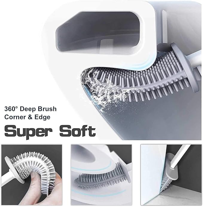 Image of Kalkey Silicone Toilet Brush with Stand - Pack of 1 | Flexible Non-Scratch Bathroom Cleaning Brush & Holder | Quick-Dry Hygienic Toilet Cleaner for Western Toilets, Durable Soft Bristle Brush Set