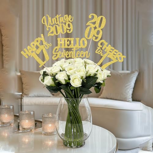 Image of 15 PCS 17th Birthday Centerpiece Sticks Seventeen Happy 17 Vintage 2009 Table Flower Centerpieces Sticks Cheers to 17 Fabulous Floral Decorations for 17th Birthday Party Supplies Gold