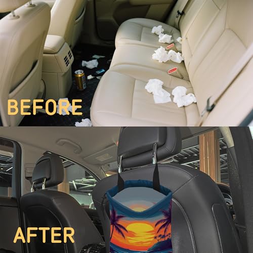 Image of Beach Sunset Car Garbage Bag,Coconut Trees Small Car Trash Bag Hanging,Drawstring Car Garbage Bag with Adjustable Buckle for Car Back Seat,SUVs,Camping,Road Trips