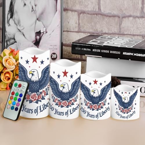 Image of American Flag Flameless Candles 250th Anniversary Bald Eagle LED Battery Operated Remote Control Fourth of July Flickering Patriotic Decor for Independence Day Home Outdoor, 4 Pack