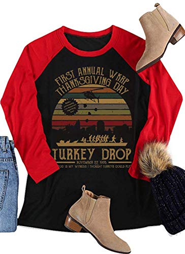 First Annual WKRP Thanksgiving Day Turkey Drop Raglan T Shirts Womens Vintage Turkey Graphic Baseball T-Shirt
