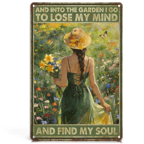 ALREAR Garden Signs Funny Garden Decor for Outside - Gardening Gifts for Women Gardeners Plant Lovers - And Into the Garden I Go Metal Signs Vintage 12x8 Inch