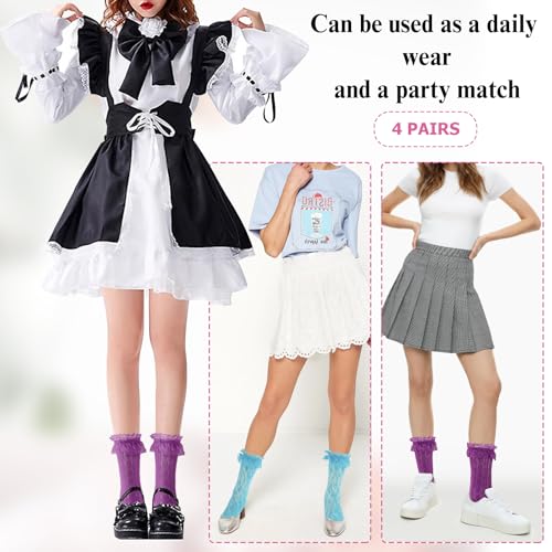 Image of Women Lace Ruffle Socks White Black Frilly Lolita Crew Dress Socks