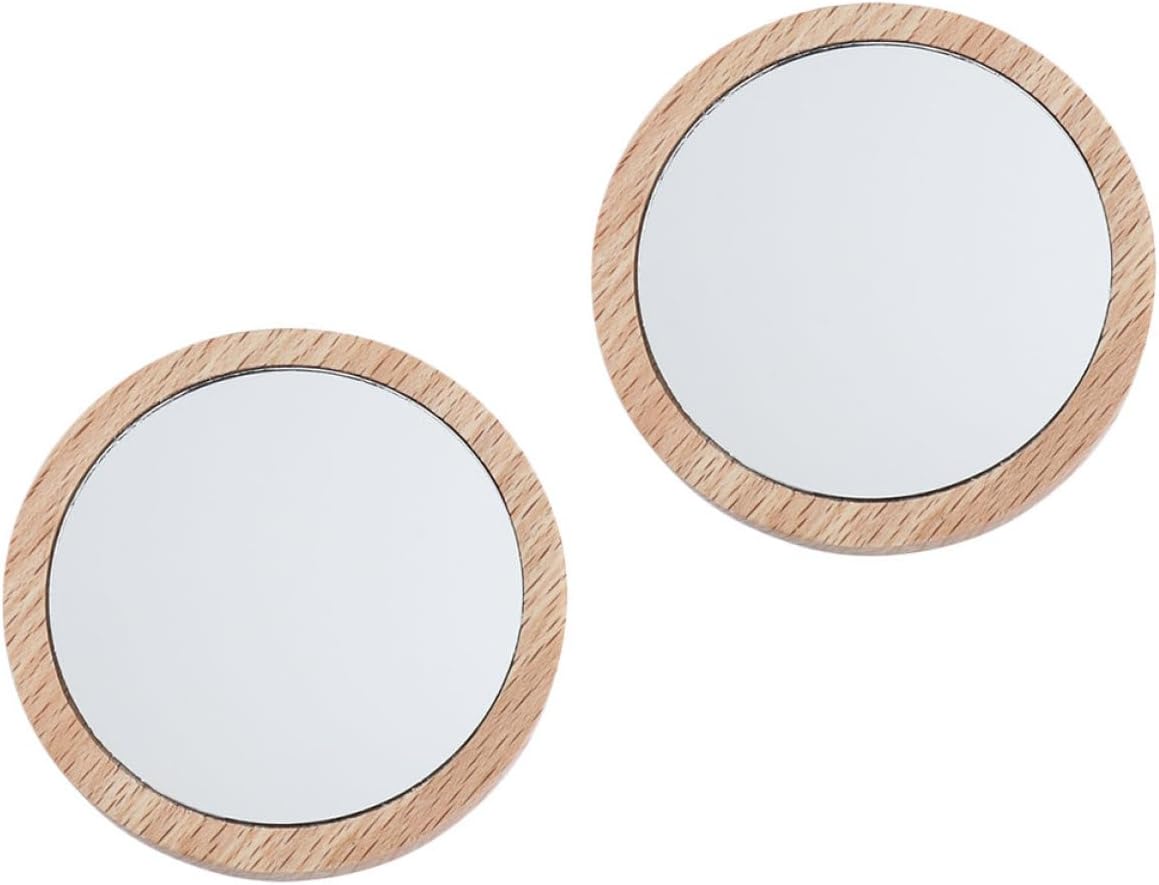 Baluue 2pcs Pocket Makeup Mirrors 7.5cm Round Wood Cosmetic Mirrors Compact Travel Handheld for Daily Use and Purses