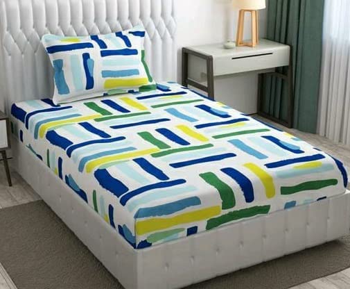 Image of KAWI Single Printed Bedsheet Elastic Fitted Glace Cotton With 1 Pillow Cover -200 Tc (Size 72X48X Up To 8 Inches Mattress) - Multi Print, Full
