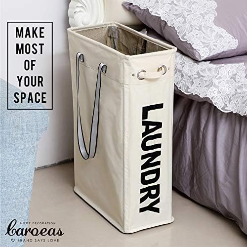 Caroeas Cloth Clothes Basket, 24" Handy Hanging Laundry Baskets Tall & Slim Hamper Collapsible Travel Laundry basket with Breathable Mesh Cover & Soft Handle Laundry Hamper (Beige1)