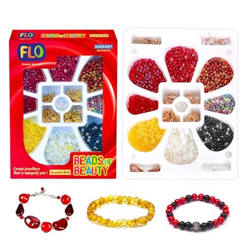 Image of FLO DIY Jewelry Making Kit for Girls - Beads of Beauty Scarlet Red | Bracelet, Necklace & Earring Craft Set with Beads, Charms, Threads & Tools | Gift Kit for Kids, Teens & Beginners