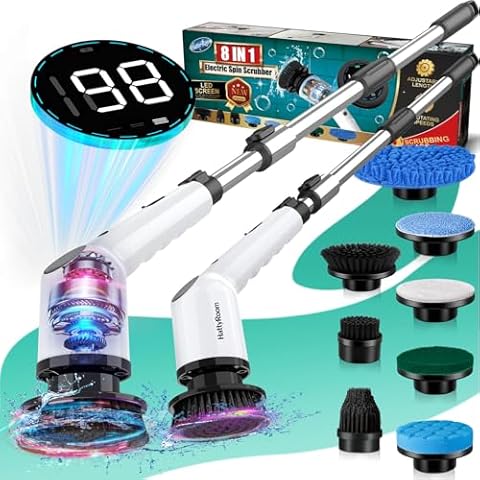 Electric Spin Scrubber, Cordless Shower Scrubber with 8 Replaceable Brush Heads and 3 Adjustable Speeds, LED Display and Extension Handle, Power Cleaning Brush for Bathroom Tub Grout Tile Floor Cover