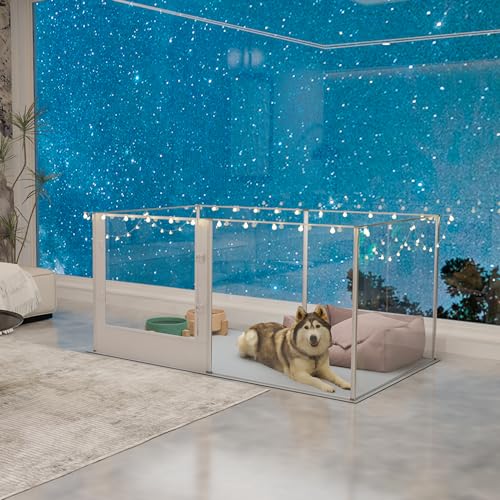 BingoPaw Acryl Wurfkiste Hunde Laufstall: Transparent Hundezaun Wohnung Welpenzaun 80cm hoch, XXL Welpenauslauf mit wasserdichter Bodenmatte und Tür, 163x102x80 cm