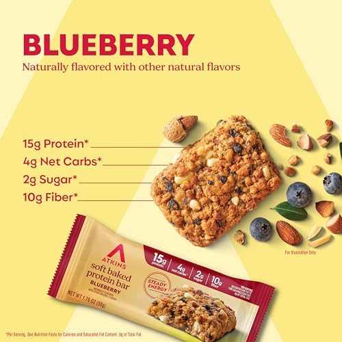 Image of Atkins Soft Baked Protein Bars, Blueberry, 15g Protein, 4g Net Carbs, 2g Sugar, Excellent Source of Fiber, High in Protein, 6 Packs (4 Bars Each)