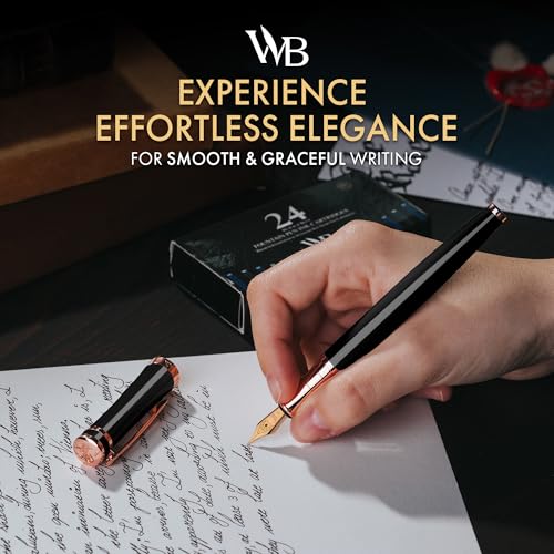 Image of Wordsworth & Black Fountain Pen Set for Writing,Medium Nib, Black Rose Gold | Gift for Men & Women, Brass Body, 18K German Iridium, Calligraphy, Converter + 24 Ink Cartridges, Refillable, Leak-Free