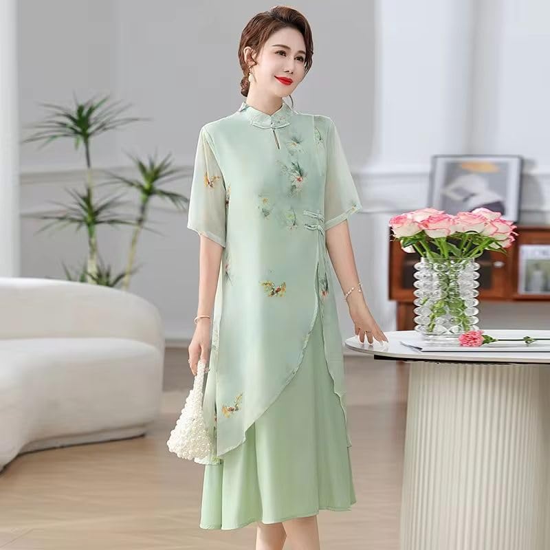Robe chinoise d'été ample en patchwork de coton imprimé style Qipao chic - 3