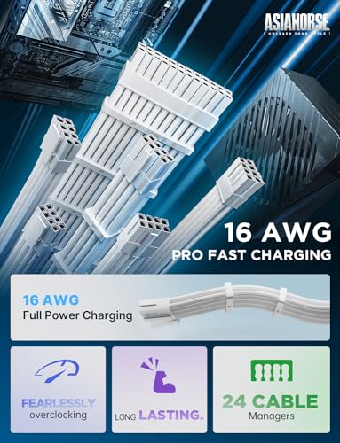 Image of AsiaHorse Power Supply Sleeved Cable, 16 AWG PSU Extension Cable Kit of White Connector, 1x24Pin /2x4+4 EPS /3x6+2 PCI-E, 30cm Length with Combs-White