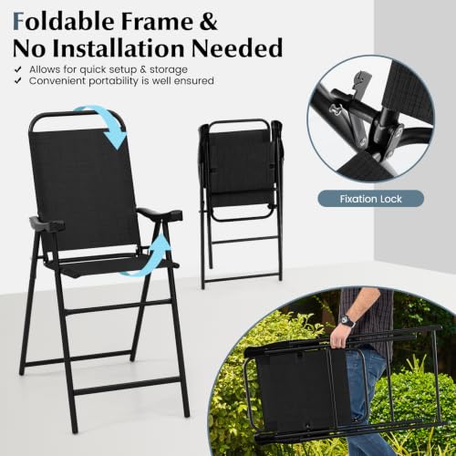 Image of COSTWAY 2 Pieces Patio Folding Bar Chairs with Metal Frame, Footrest, Arms | Outdoor Counter Height Bar Stools with High Backrest, High Top Chairs for Balcony, Garden, Deck, Porch & Poolside (Black)
