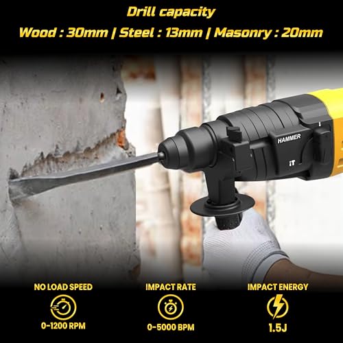 Image of TOMAHAWK THY-4405 Rotary Hammer - Multipurpose Hammer Drill Machine for Drilling and Chiseling - 1300rpm 800W Rottary Hammer Machine - 20mm | Heavy Duty & Durable Build