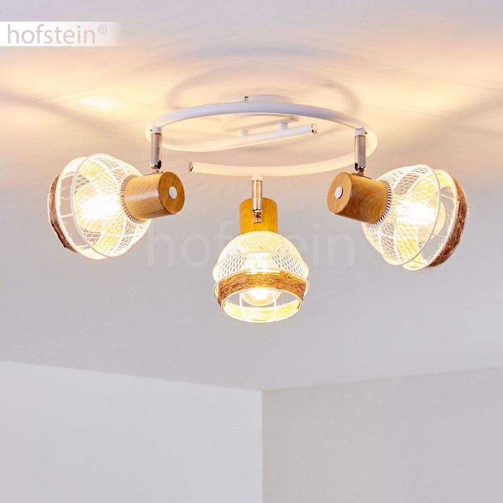 Lámpara de techo Bariloche, lámpara de techo redonda de metal/madera/cuerda de cáñamo en blanco/cromo/naturaleza, 3 llamas, pantallas orientables y giratorias, E27, óptica de celosía, sin bombilla(s)