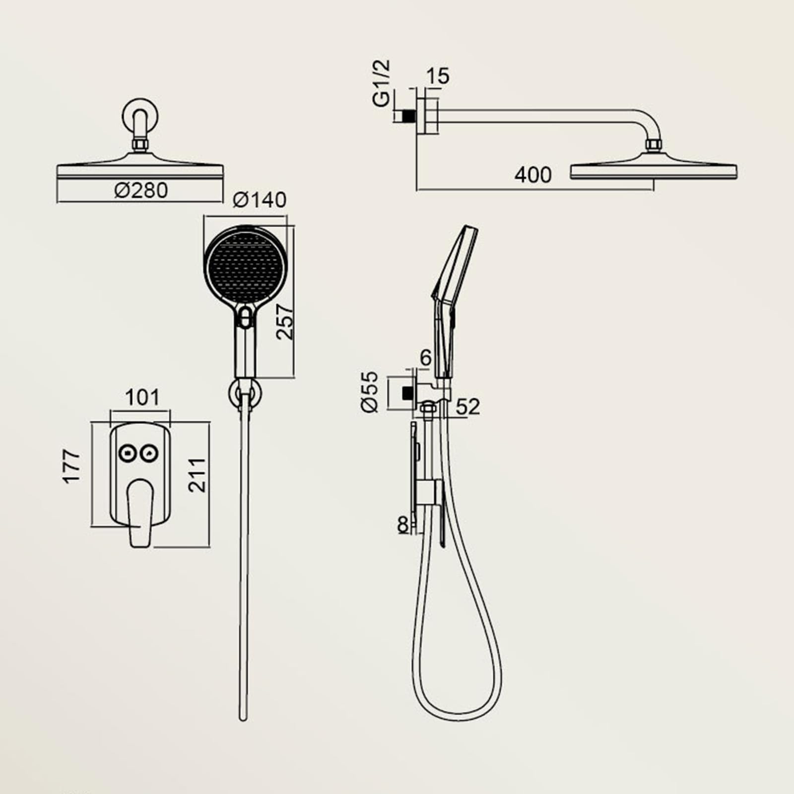 XJTNLB Miscelatore Doccia Monocomando da Incasso, Kit Miscelatore 2 Vie Doccia Incasso con Comando a Tasti Stile Pianoforte,Oro Spazzolato