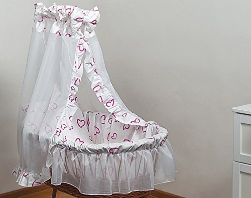 Set completo per cesta di mose neonato bambino, baldacchino velo (motivo: cuoricini rosa)